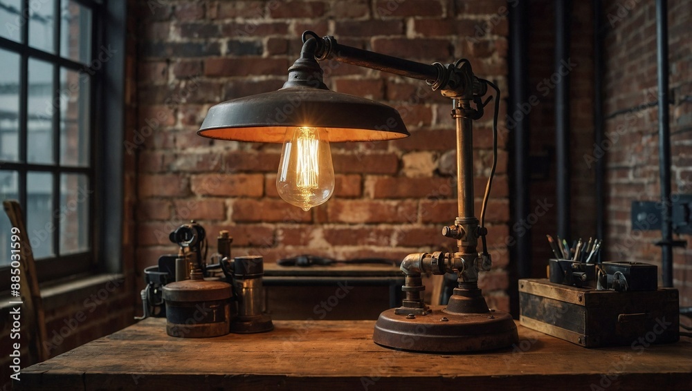 A rugged industrial style desk lamp made from metal