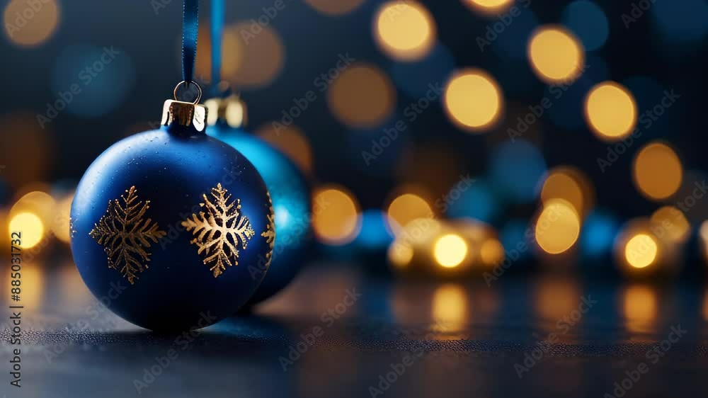 blue Christmas ornaments against a blurred background of golden bokeh lights. Christmas greeting card. Merry Christmas, new year backdrop blue Christmas ornaments against a blurred background of golden bokeh lights. Christmas greeting card. Merry Christmas, new year backdrop