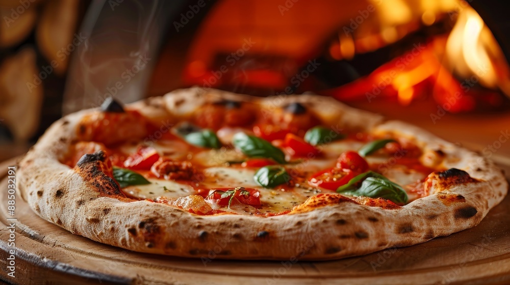 Neapolitan pizza - Naples pizza (Italian pizza napoletana; Napoli pizza) - straight from a wood-fired oven. Isolated on a brown background. Close-up. Macro. Italian cuisine. 