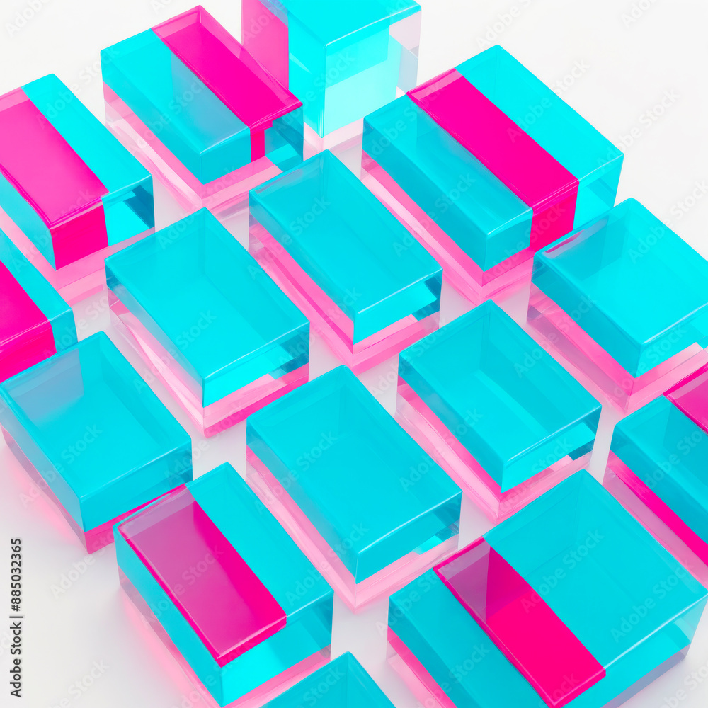 Bright geometric abstraction with pink and turquoise lighting. Glass cubes. Wallpaper Bright geometric abstraction with pink and turquoise lighting. Glass cubes. Wallpaper