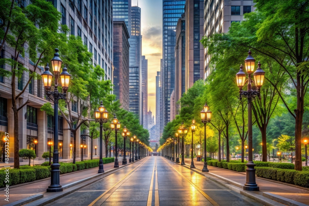 A serene urban landscape scene featuring a empty city street lined with tall buildings, streetlamps, and trees, awaiting human presence and activity. A serene urban landscape scene featuring a empty city street lined with tall buildings, streetlamps, and trees, awaiting human presence and activity.