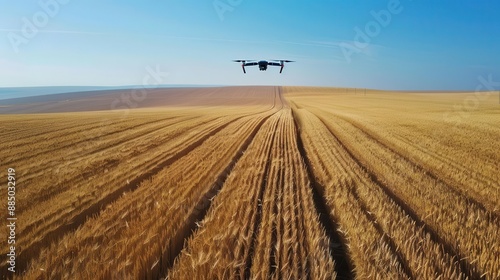 aerial view of a sleek drone hovering above a vast golden wheat field casting a shadow on the undulating crop below crisp blue sky in the background