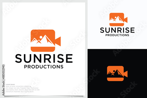 Mountain Landscape with Symbol Lens for Outdoor Nature Photography Adventure Photographer Logo Design