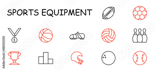 Sports equipment set icon. Medal, basketball, cleats, volleyball, rugby, bowling, trophy, podium, helmet, baseball, ball, award, sport, gear, game, fitness, competition, match, exercise.