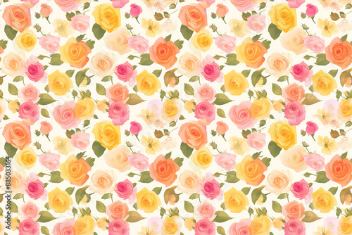 A seamless pattern of colorful roses in shades of yellow, pink, and orange on a light background.