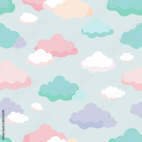 A vibrant seamless pattern of multicolored clouds against a blue backdrop