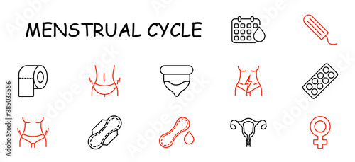 Menstrual cycle set icon. Calendar, tampon, pad, uterus, pain, abdomen, toilet paper, medicine, hygiene, period, woman, health, cycle, gynecology, ovulation, menstruation, cramps, feminine.