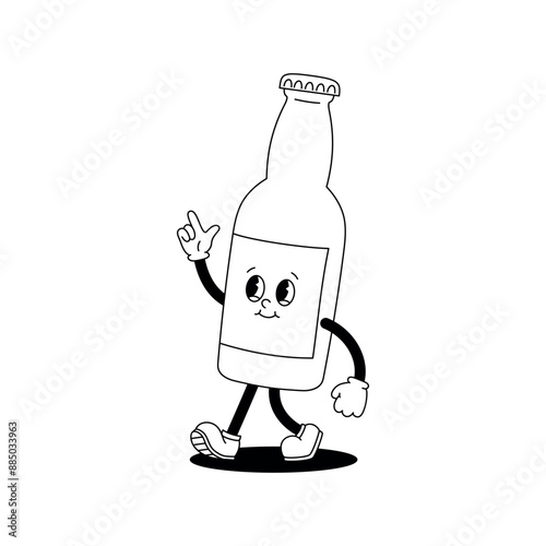 Vector monochrome illustration of retro mascot character walking glass bottle of beer or soda. Vintage style 30s, 40s, 50s old animation. Sticker isolated on white background.