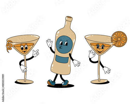 Vector set of colored cartoon retro mascot characters walking glass vermouth bottle and cocktail glasses. Stickers isolated on a white background.