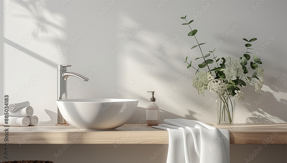 Fototapeta premium Modern Minimalist Bathroom Decor with Elegantly Arranged Towels and Fresh Flowers in Vase under Natural Light