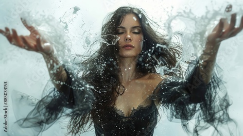 A sorceress conjuring a storm with her outstretched hands, in white background