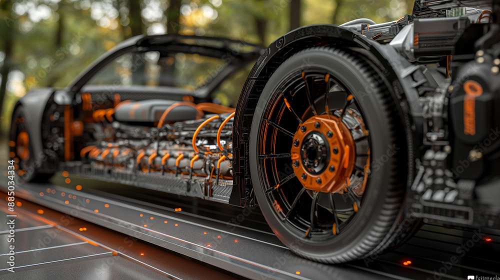 an electric vehicle's chassis. It displays the battery pack, motor, and various components connected with orange wires. The vehicle's wheels, both front and rear, are prominently visible an electric vehicle's chassis. It displays the battery pack, motor, and various components connected with orange wires. The vehicle's wheels, both front and rear, are prominently visible