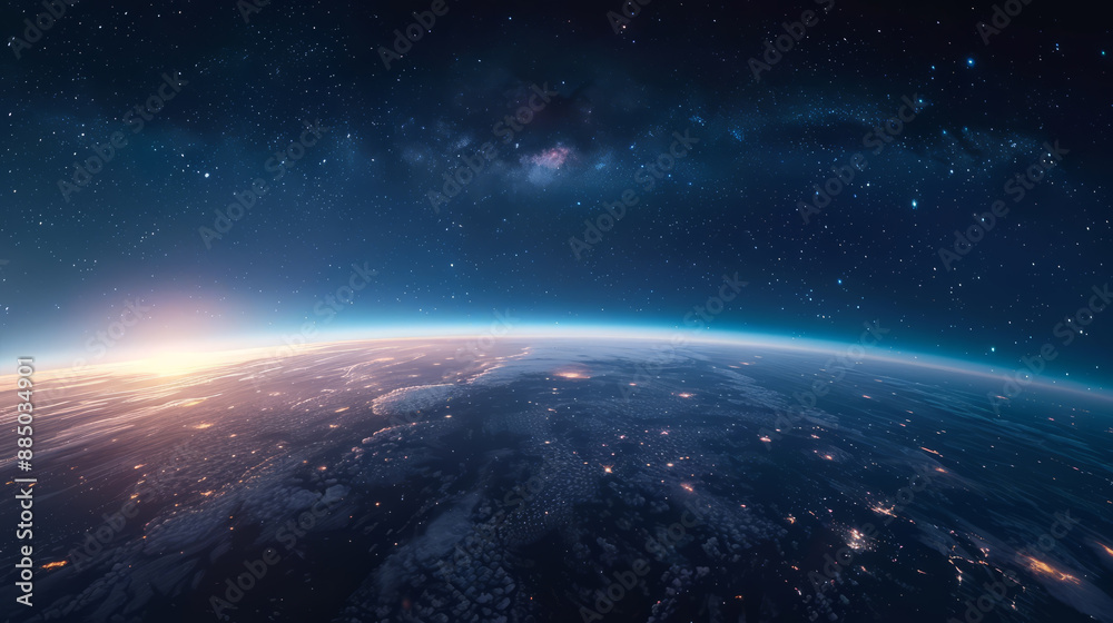 A panoramic shot of the Earth during twilight, with stars beginning to twinkle in the darkening sky. A panoramic shot of the Earth during twilight, with stars beginning to twinkle in the darkening sky.