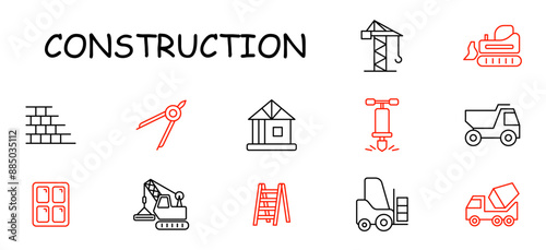 Construction set icon. Crane, truck, house, compass, bulldozer, jackhammer, dump truck, ladder, forklift, bricks, mixer, site equipment.