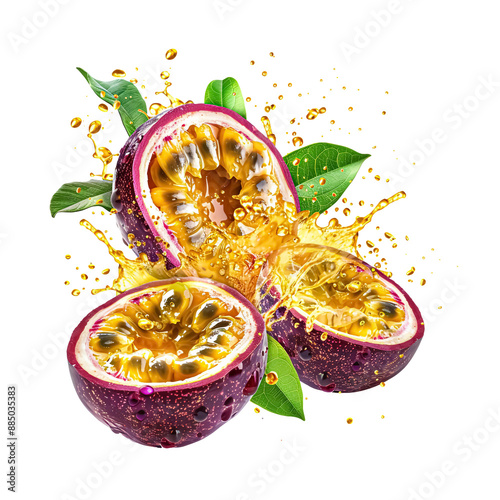 Whole and sliced passion fruit with juice splashes. Fresh organic fruit png cutout isolated on transparent background photo