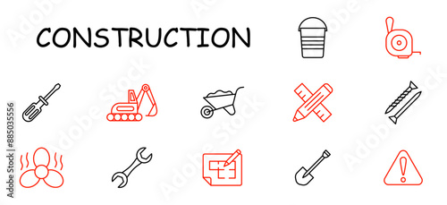 Construction set icon. Crane, truck, house, compass, bulldozer, jackhammer, dump truck, ladder, forklift, bricks, mixer, site equipment.