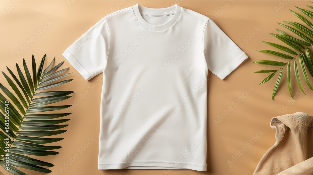A minimalist t-shirt mockup with a single abstract shape on a textured background. A minimalist t-shirt mockup with a single abstract shape on a textured background.