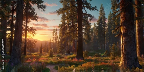Whimsical 3D render of a western forest scene, with enchanting nature elements, vibrant colors, and artistic details, under a glowing sunset sky.