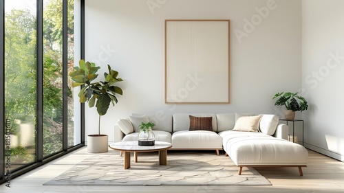 A mid-century modern living room with a colorful circle patterned feature wall, bathed in natural light.