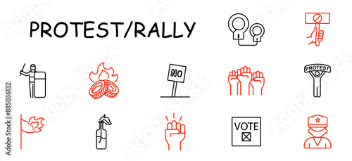 Protest rally set icon. Speaker, fire, NO sign, hands, protester, Molotov cocktail, raised fist, vote, policeman, demonstration, strike.
