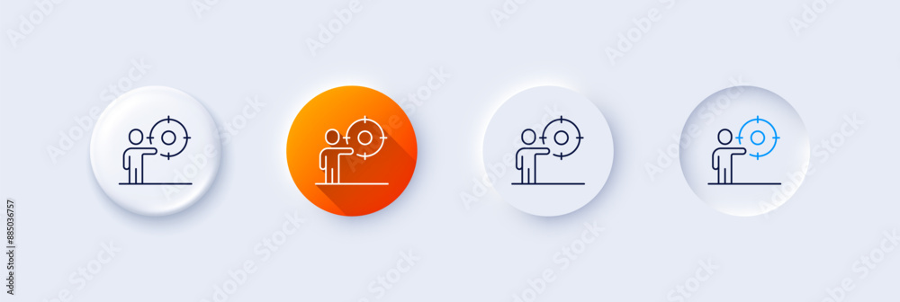 Business target line icon. Neumorphic, Orange gradient, 3d pin buttons. Mission success goal sign. Market progress symbol. Line icons. Neumorphic buttons with outline signs. Vector Business target line icon. Neumorphic, Orange gradient, 3d pin buttons. Mission success goal sign. Market progress symbol. Line icons. Neumorphic buttons with outline signs. Vector