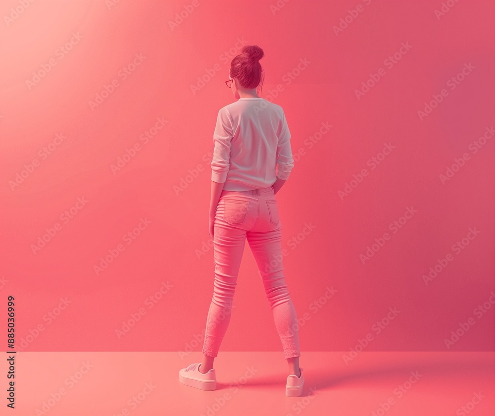 Fototapeta premium Stylish Woman in Casual Outfit Posing Against Pink Background - Modern Lifestyle Fashion Photograph