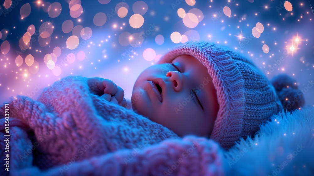 A serene photo of a baby sleeping peacefully under a warm, knitted blanket, surrounded by magical bokeh lights. A serene photo of a baby sleeping peacefully under a warm, knitted blanket, surrounded by magical bokeh lights.