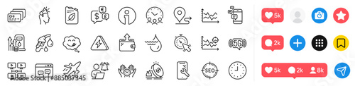 Plane, Safe time and Timer line icons pack. Social media icons. Browser window, Hydroelectricity, 5g wifi web icon. Journey, Seo, Canister pictogram. Card, Communication, Gas price. Vector