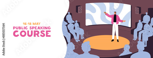 Advertising web banner of public speaking courses. Promotion of meeting, lecture with presenter on horizontal event poster. Lecturer with speech on performance front of crowd. Flat vector illustration
