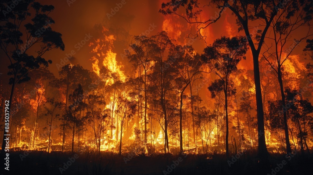 Inferno in the Dark: Intense Forest Fire at Night Consuming Trees in a Fiery Blaze Inferno in the Dark: Intense Forest Fire at Night Consuming Trees in a Fiery Blaze