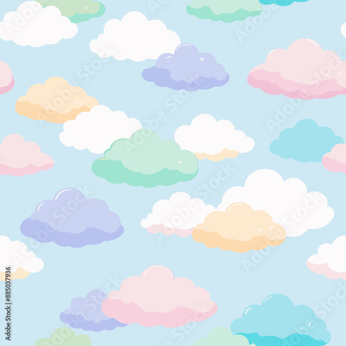 Colorful clouds on blue background in beautiful seamless pattern