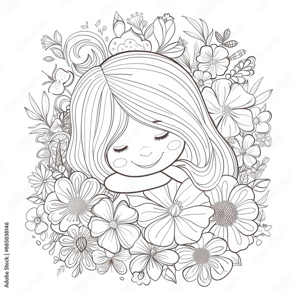 A coloring book featuring spring and a little girl, capturing the joy of the season A coloring book featuring spring and a little girl, capturing the joy of the season
