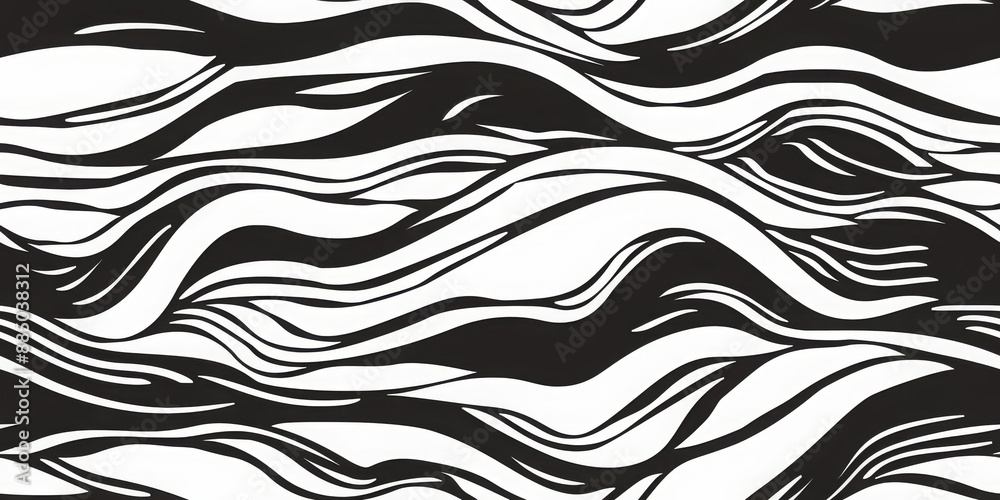 Fototapeta premium Abstract black and white wavy lines seamless pattern.