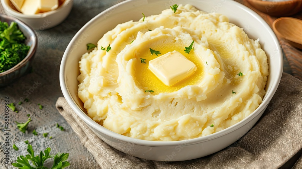 Creamy mashed potatoes topped with butter served in a bowl, perfect for a comforting side dish. Garnished with fresh herbs. Creamy mashed potatoes topped with butter served in a bowl, perfect for a comforting side dish. Garnished with fresh herbs.