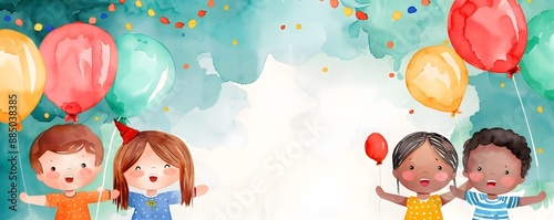 Colorful watercolor illustration of joyful children holding balloons at a celebration, with a vibrant sky background.