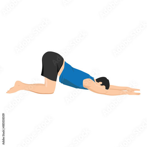 Man doing Extended Puppy yoga pose. Uttana Shishosana. Flat vector illustration isolated on white background