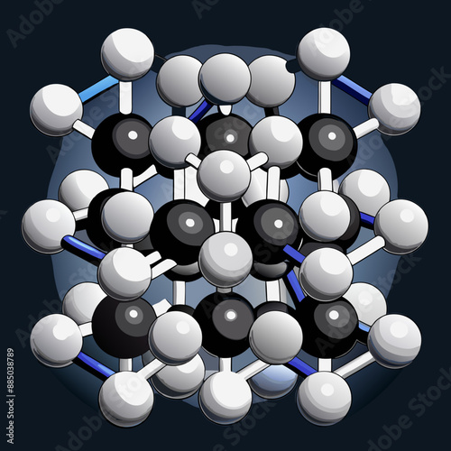 Create a 3D model of sodium chloride (NaCl) showing the arrangement of sodium (Na) and chloride (Cl) ions in a crystalline structure. Highlight the cubic lattice formation and ionic bonds.
