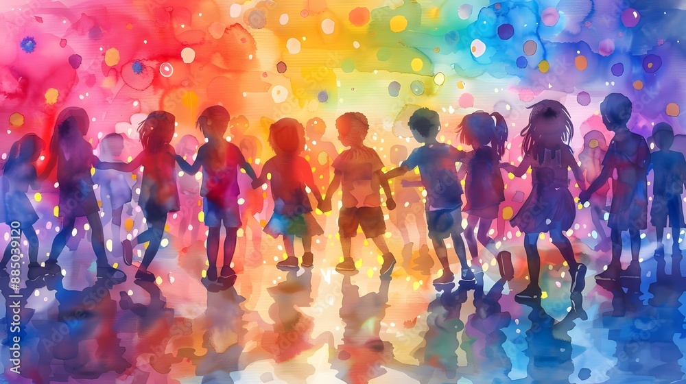 Naklejka premium A colorful watercolor painting of children holding hands, symbolizing unity, diversity, and friendship in a vibrant, playful setting.