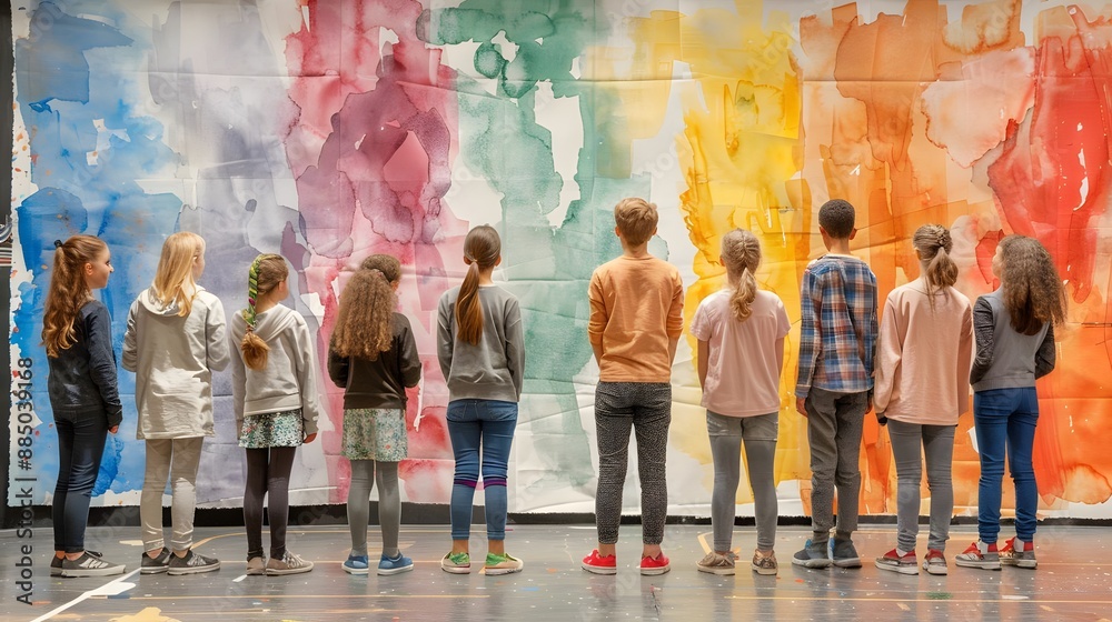 Obraz premium A diverse group of people standing in front of a vibrant, colorful mural, showcasing community and creativity.