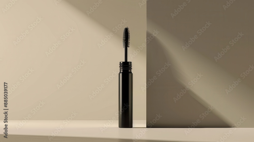 3D render of a realistic black mascara bottle, placed on a flat white and beige background, with depth and contrast highlighted 3D render of a realistic black mascara bottle, placed on a flat white and beige background, with depth and contrast highlighted
