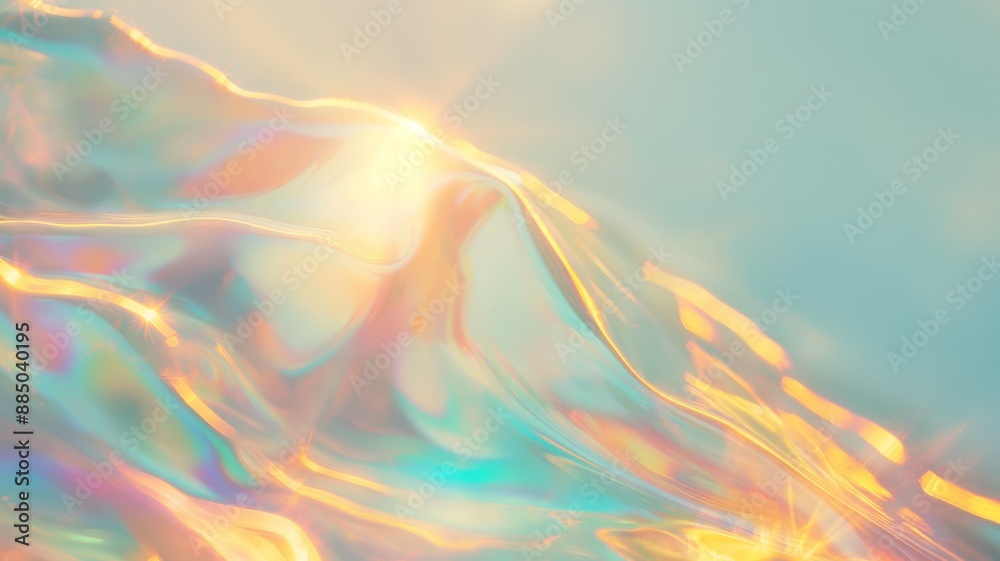 Obraz premium Holographic iridescent surface wrinkled foil. Real Hologram Background of wrinkled abstract foil 80s texture with multiple paste colours. 90s aqua menthe cyan pastel holographic gradient
