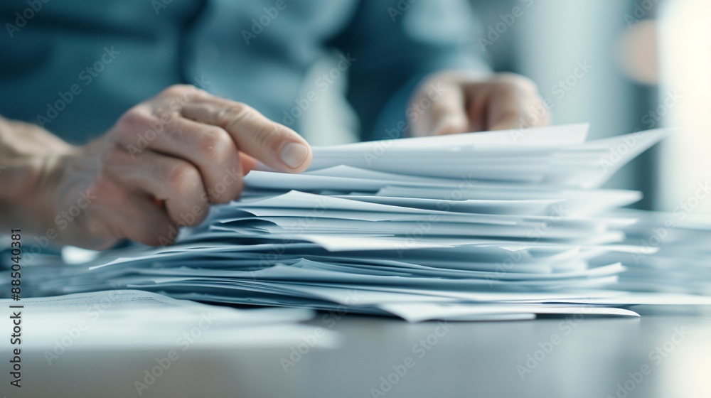 Focused shot of a financial advisor’s hand arranging documents in a folder, symbolizing organized asset management and wealth planning, with ample copy space. Focused shot of a financial advisor’s hand arranging documents in a folder, symbolizing organized asset management and wealth planning, with ample copy space.