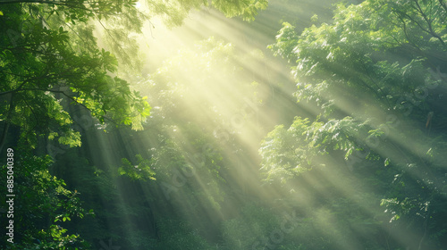 Sun rays gently penetrate through lush green forest, creating a serene and tranquil natural scene. Ideal for nature, calm, and beauty themes.