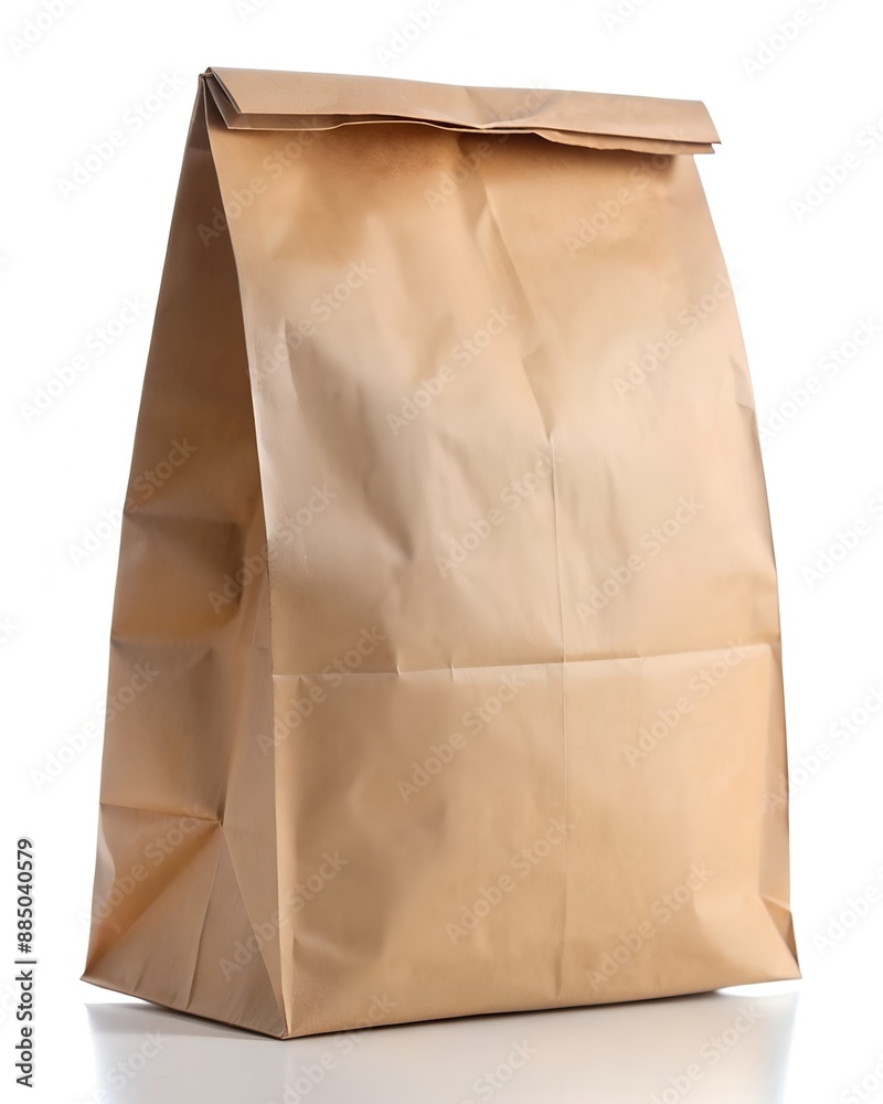 A beige paper bag with a rectangular shape sits on a white tabletop A beige paper bag with a rectangular shape sits on a white tabletop