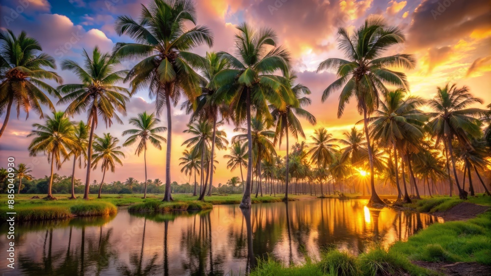 Warm golden hour illumination casts a nostalgic glow on a serene tropical landscape of coconut palms against a soft pink sky. Warm golden hour illumination casts a nostalgic glow on a serene tropical landscape of coconut palms against a soft pink sky.