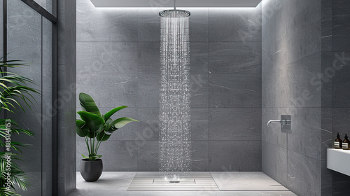  The image shows a modern shower with grey tiles and a rainfall showerhead.
