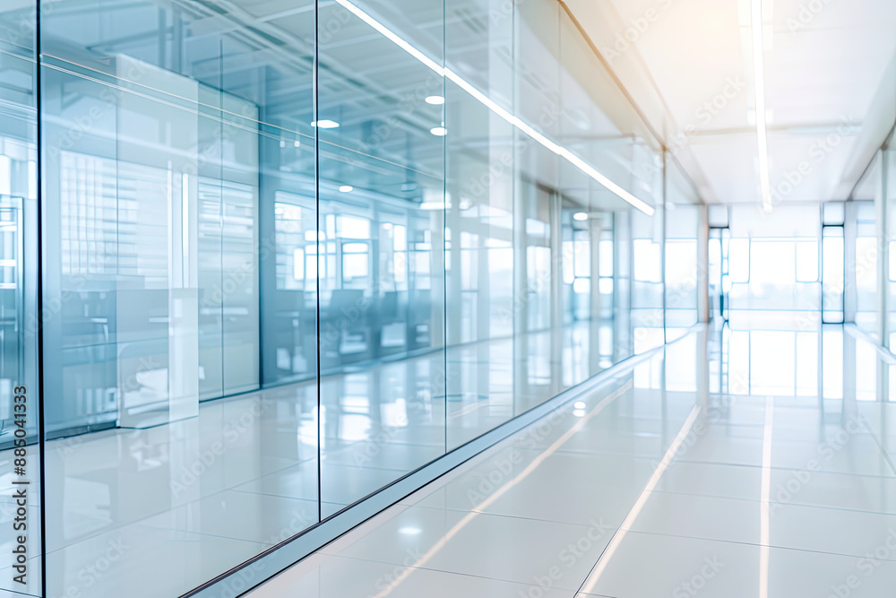 The photo shows an empty modern office corridor with glass walls and bright tiled floor. The photo shows an empty modern office corridor with glass walls and bright tiled floor.