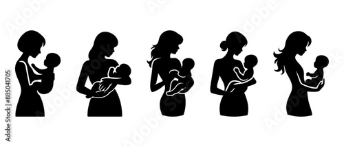 Breastfeeding silhouette vector.  Mother feeding breast milk to baby black filled vector Illustration icon.