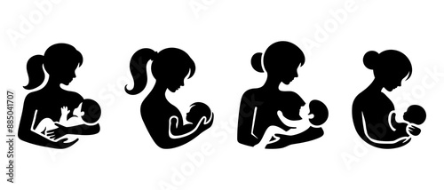 Breastfeeding silhouette vector.  Mother feeding breast milk to baby black filled vector Illustration icon.