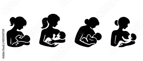 Breastfeeding silhouette vector.  Mother feeding breast milk to baby black filled vector Illustration icon.